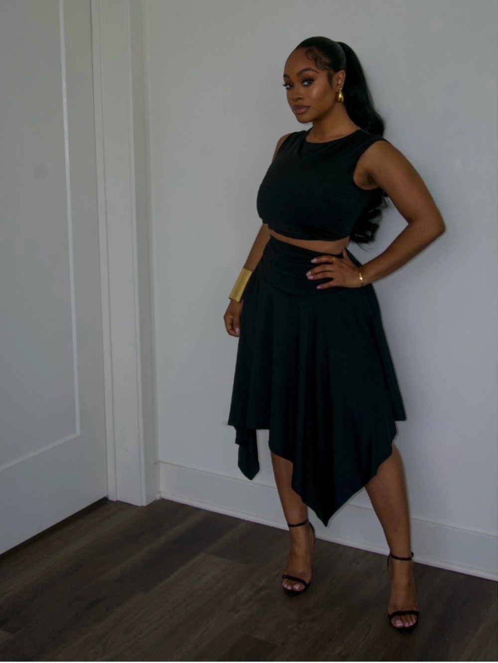 Black Asymmetric Midi Skirt Set